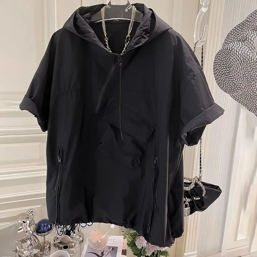 

Casual Hooded T-shirt Style Streetwear Summer Fashion Top Solid Color Summer Wear Polyester Fabric Slight Stretch