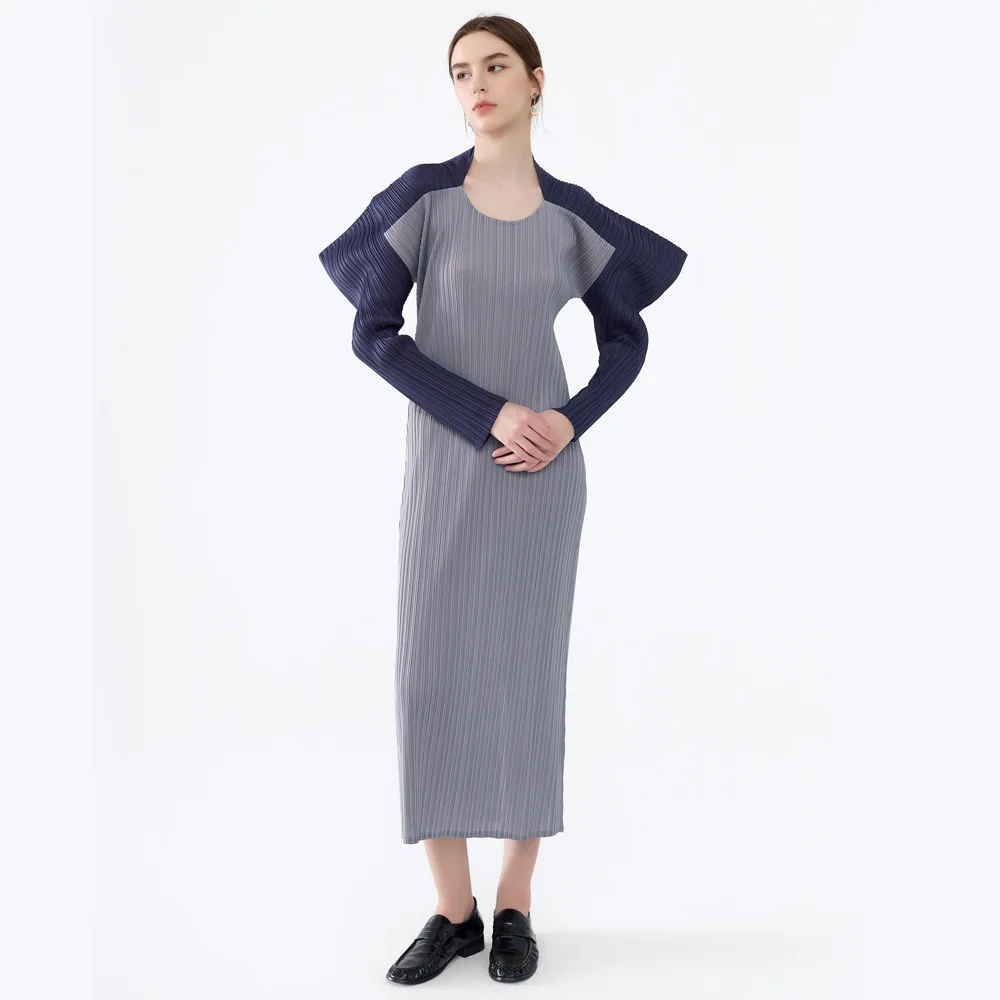 Miyake 2025 vestido feminino de manga comprida com chifres e bloco colorido, comprimento médio, bainha dividida, saia de camada base para primavera e outono