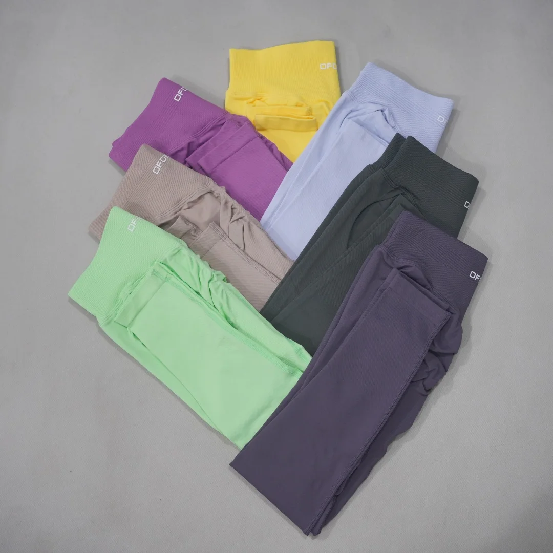 DF-LOGO Damen Nahtlose High-Waist Yoga-Leggings, Po-Formende Fitnesshose, Kompressions-Laufhose, Schlanke Enge Sportleggings