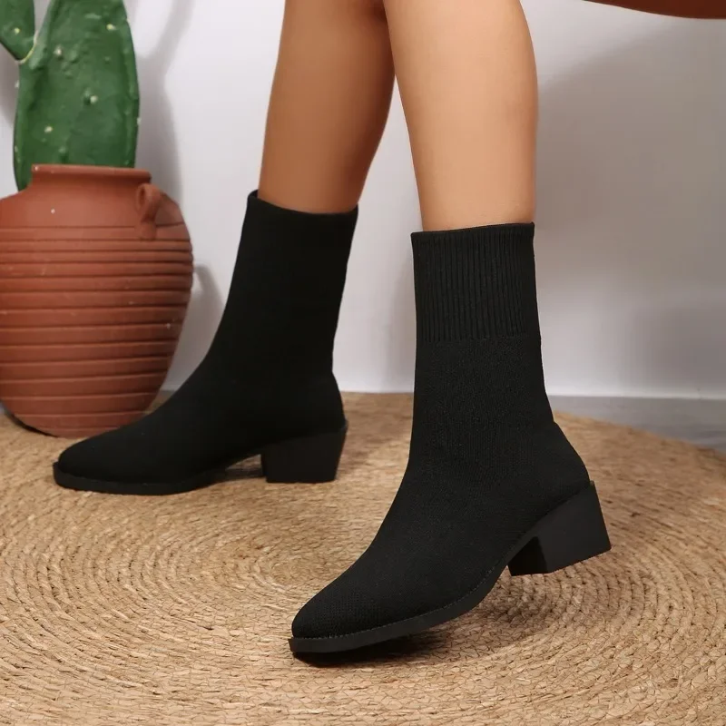 2026 Neue Einfarbige Damen-Strickstiefel bis zur Wadenmitte, Modische Stiefel mit Quadratischem Absatz, Elastische Stiefel für Herbst, Outdoor, Slip-on, Partyschuhe, Größe 43 – Detail 23