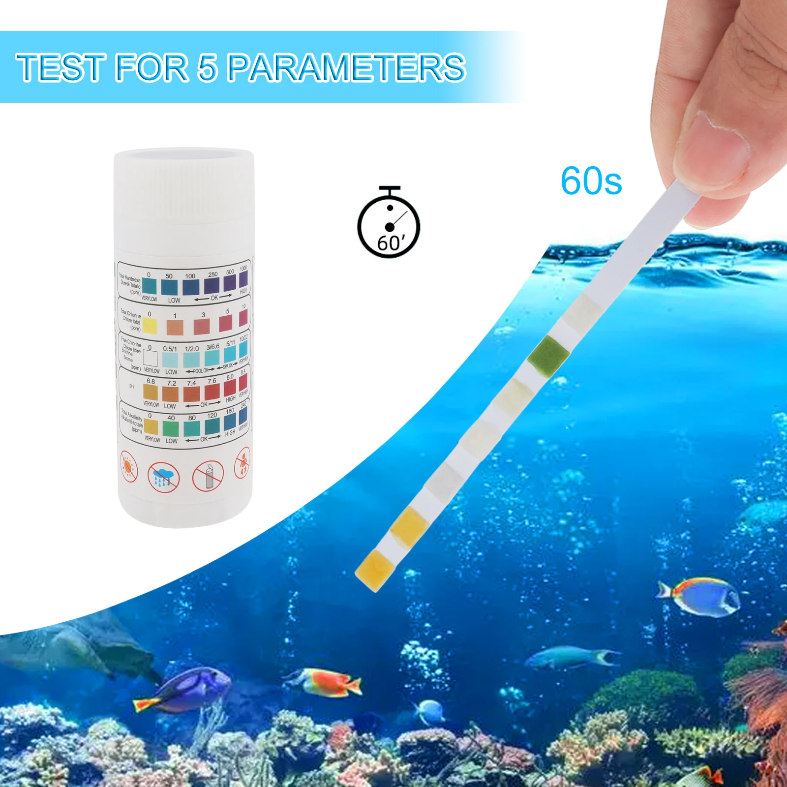 50pcs 5 In 1 Swimming Pool Test Strips pH/total chlorine/free chlorine/alkalinity/hardness, Spa and Hot Tub Testing Strips Kit