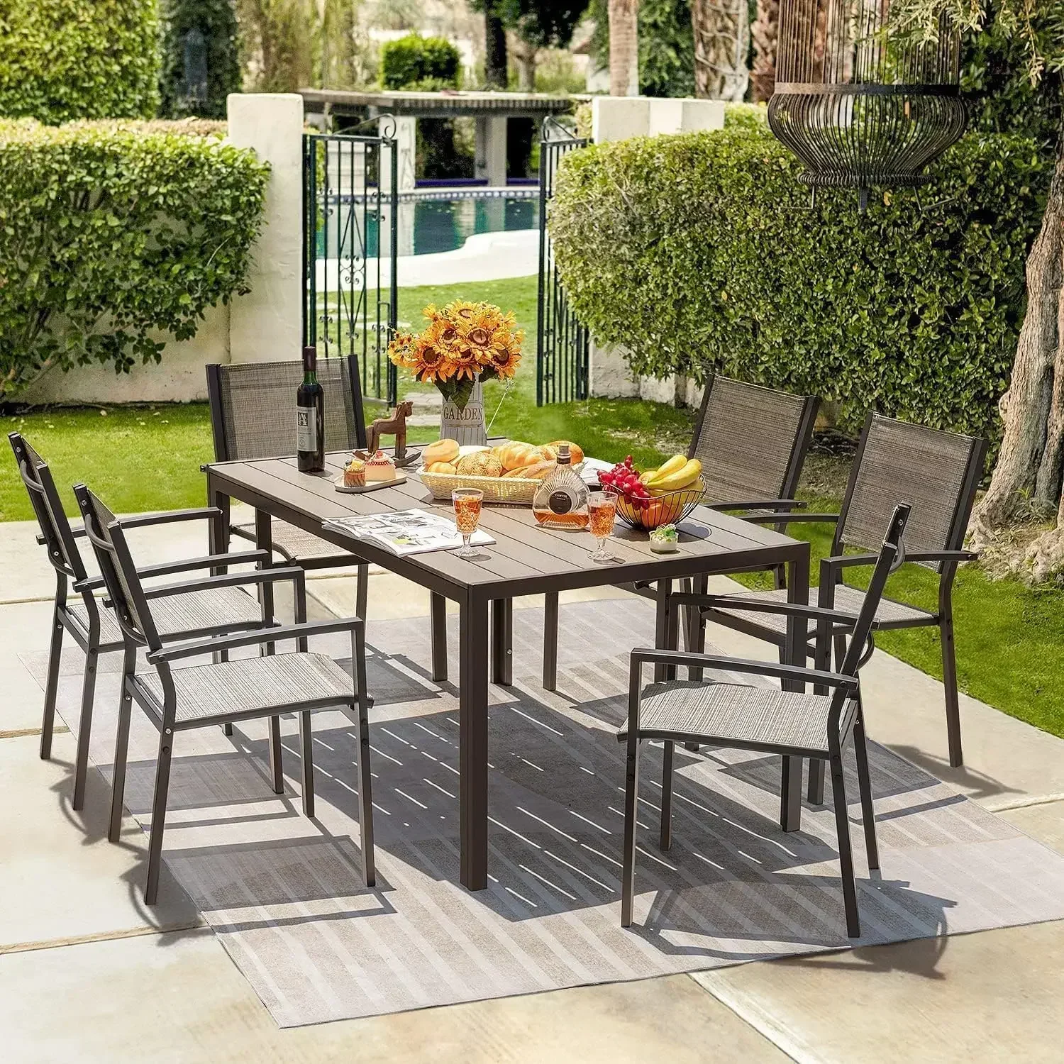 

Patio Dining Set 7 Pieces Outdoor Furniture with Large Table and 6 Textilene for Porch, Brown