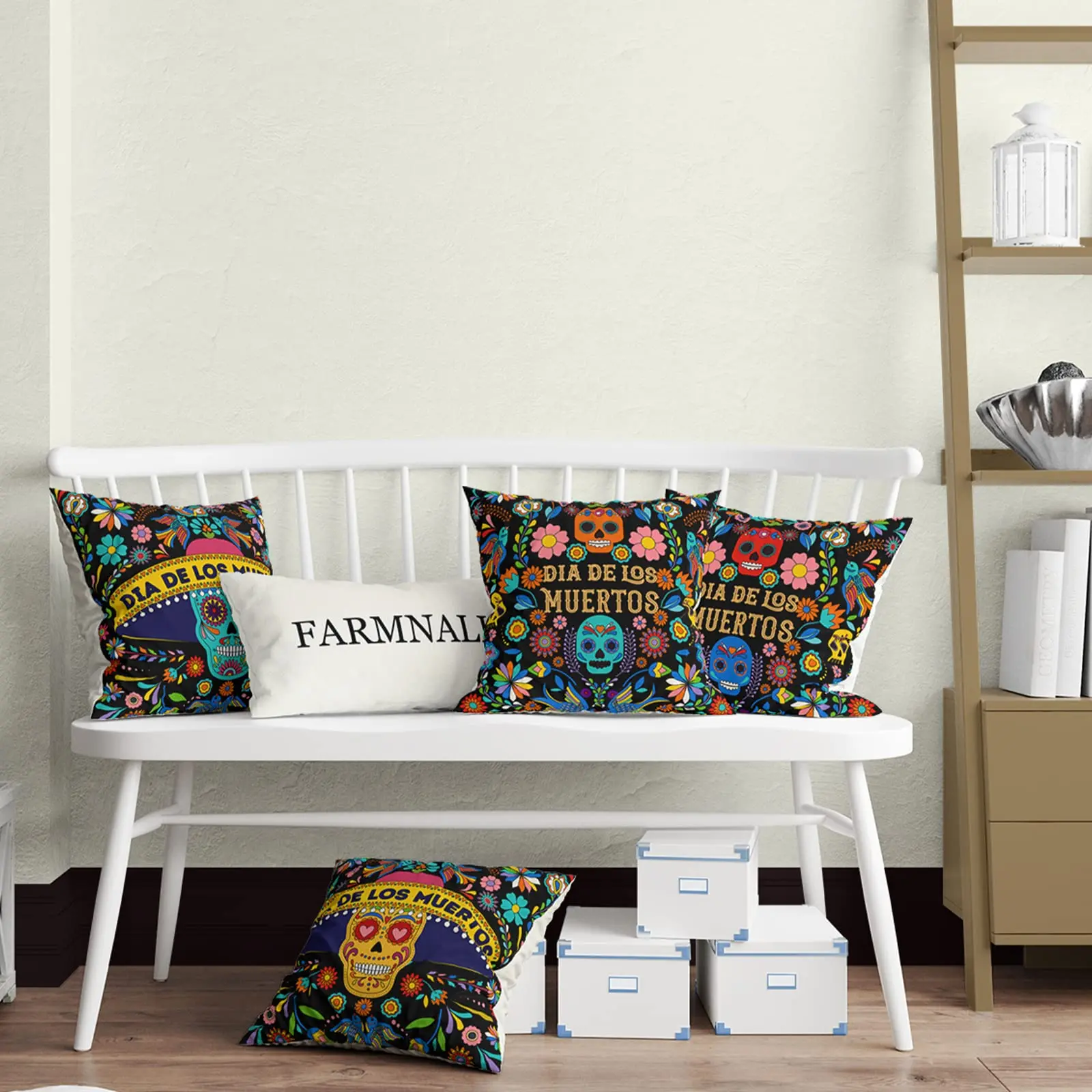 Dia De Los Muertos Fundas de almohada con diseño de calavera de azúcar y flores, Juego de 4 fundas de almohada del Día de los Muertos, decoraciones para fiestas de Fiesta mexicana