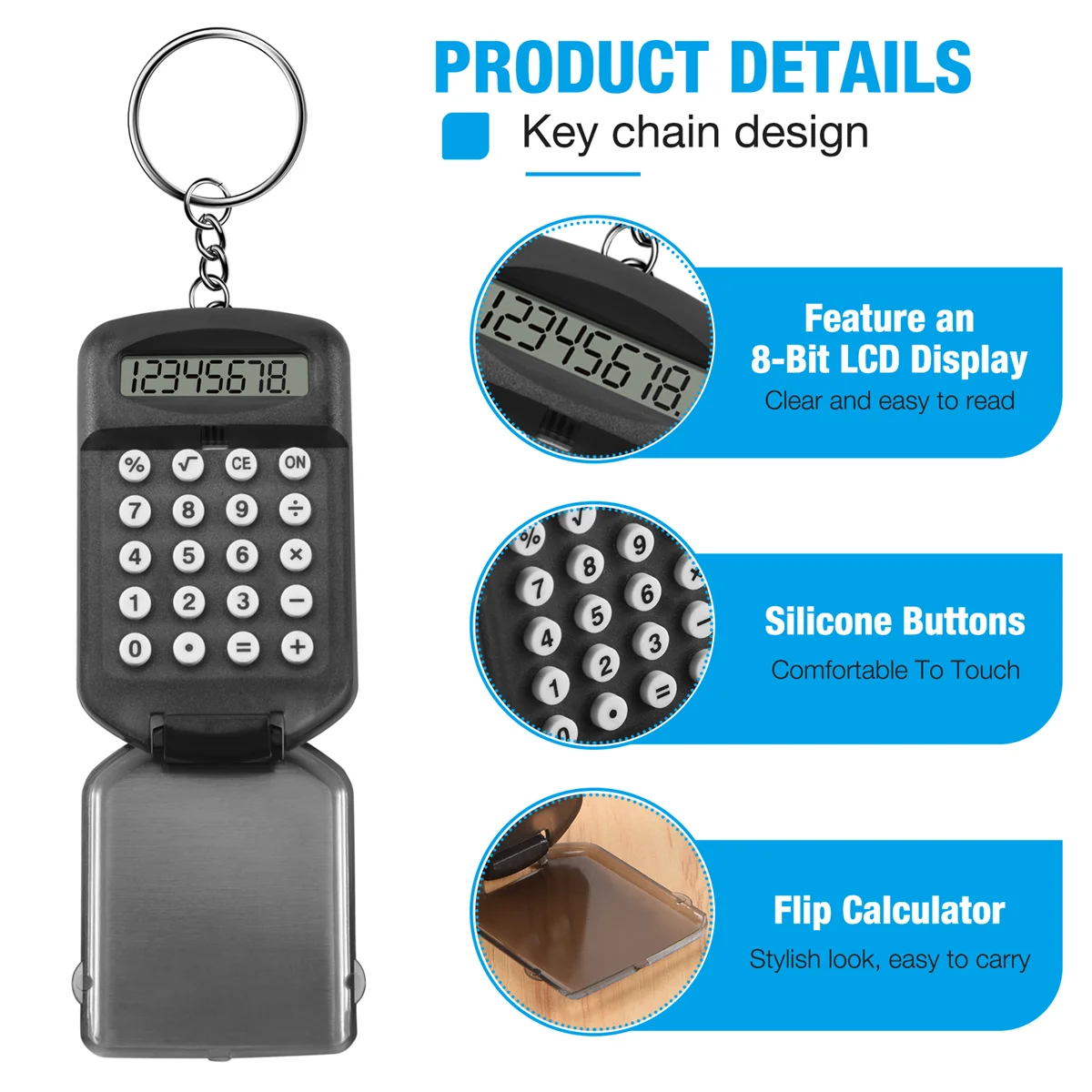AT16 Gray Plastic Casing 8 Digits Electronic Mini Calculator w Keychain