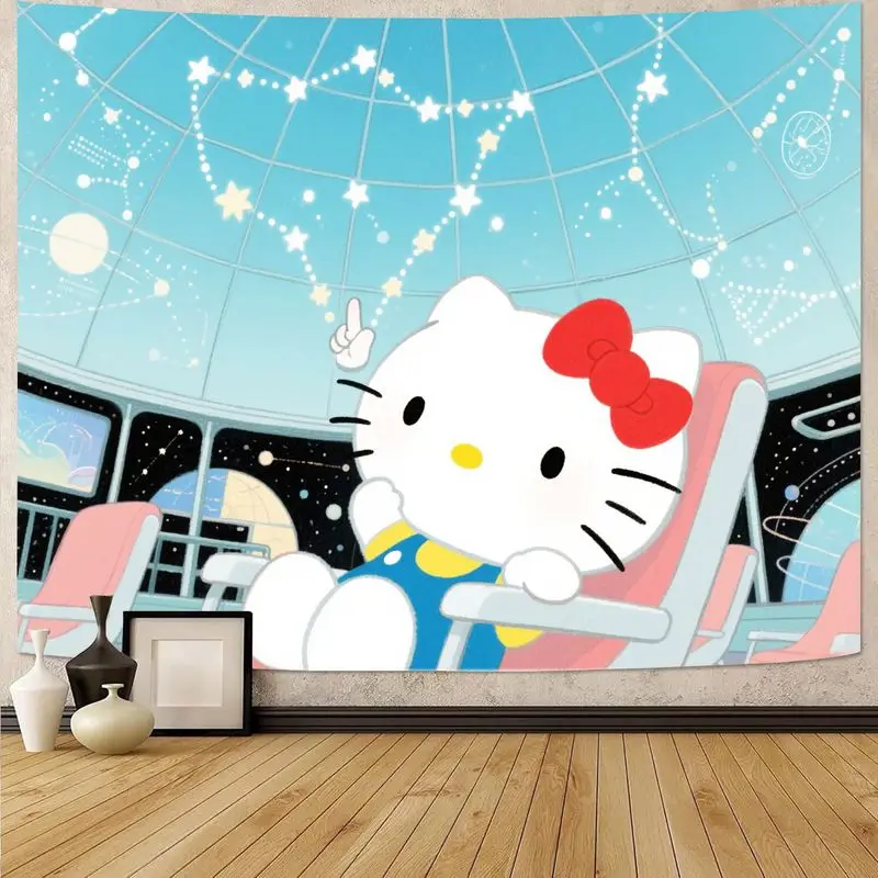 

1 шт. Sanrio Hello Kitty Blue Kawaii Space Tapestry Современные настенные рисунки из полиэстера для декора комнаты для девочек, спальни, общежития, подарок.