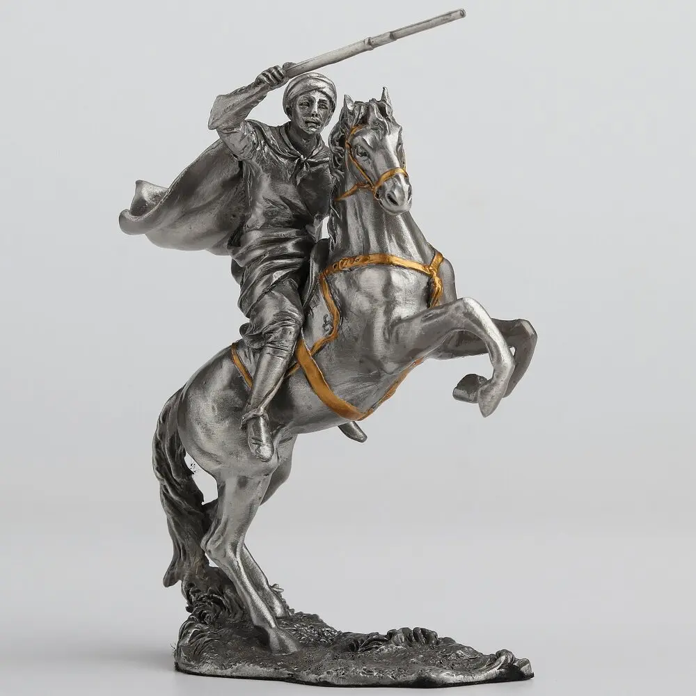 Alloy Mounted Warrior Statue Silver Finish Horseman Figurine with Raised Spear Rearing Steed Home Tabletop Craft Ornament Gift