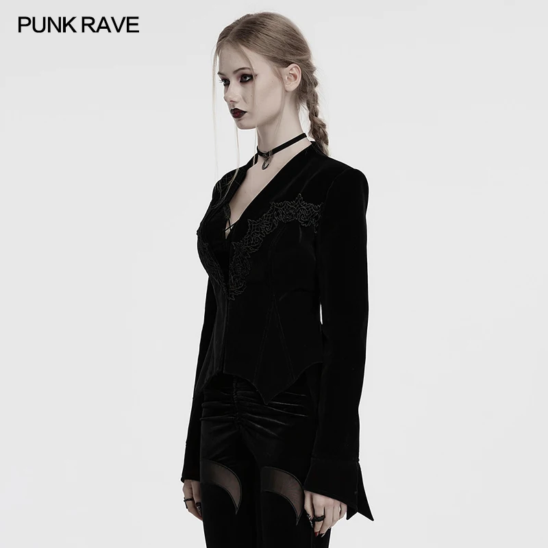 PUNK RAVE Women's Gothic Velvet Printed Satin Lining Bat Hem Jacket Deep V-neck Elegance Vintage Female Black Outerwear