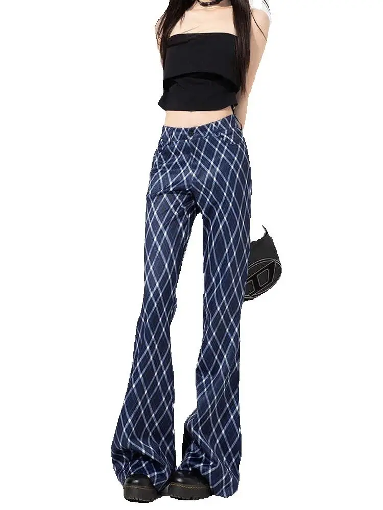 Korean Blue Checkered Striped Micro Flared Pants Women 2026 New Spring Summer High Waisted Slimming Casual Pants
