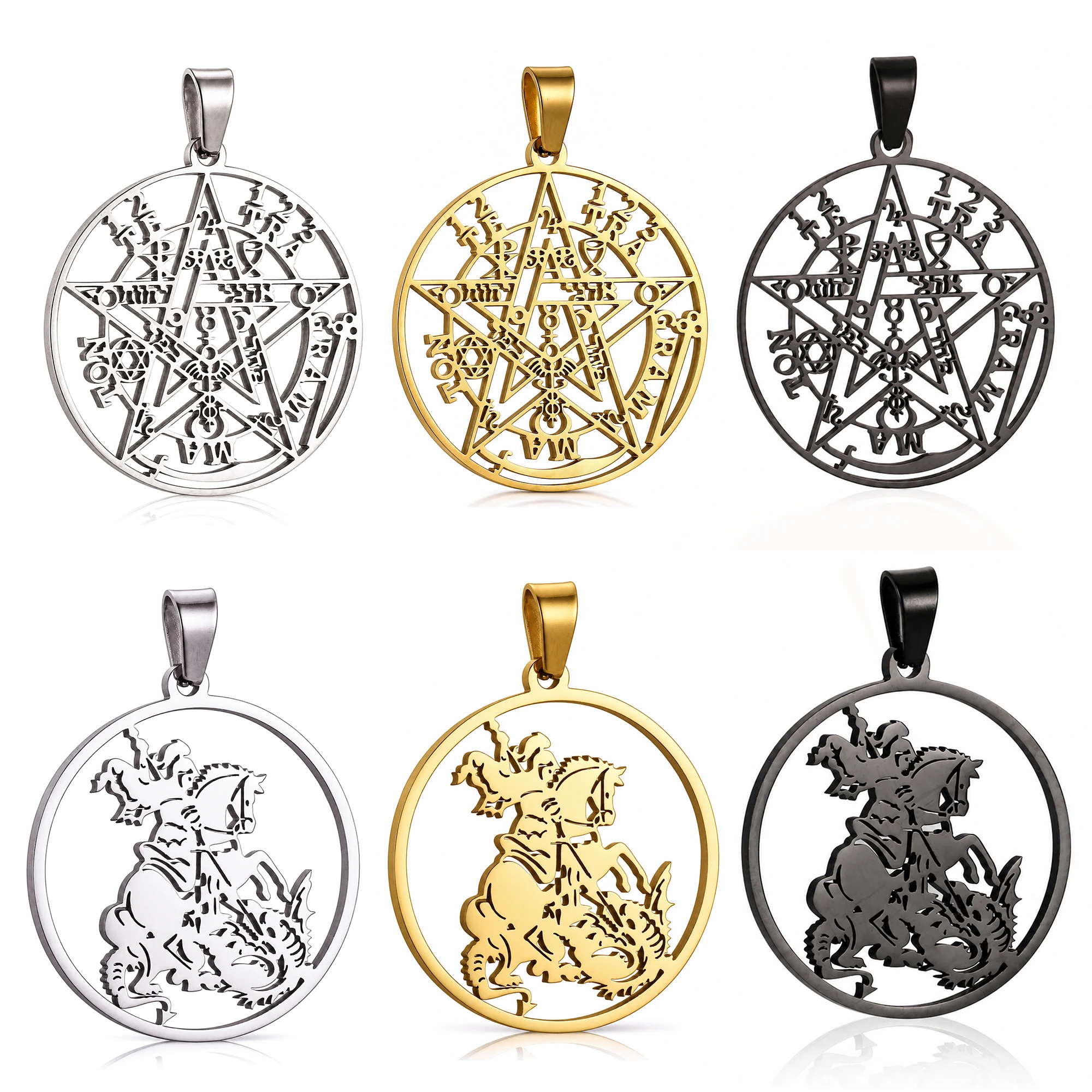 Stainless Steel Tetragrammaton Pentagram/Saint George/St. Benedict Pendant Hollow Cross Medal Protection Amulet Necklace Pendant
