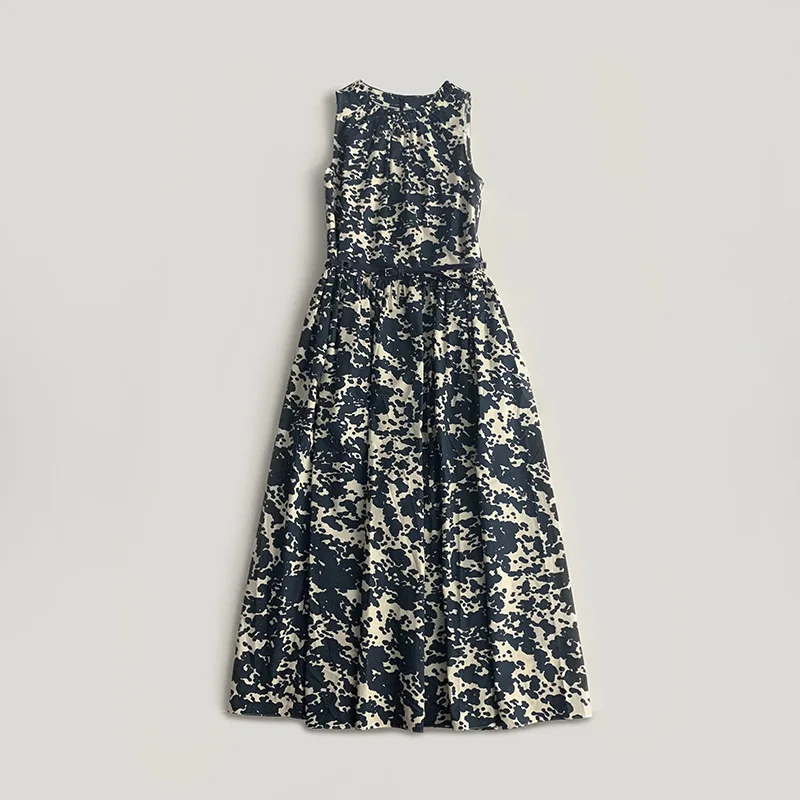 

Withered Printed Cotton Round Neck Waistband With Cinched Waist, Casual Sleeveless Dress Elegant Party Dresses Vestidos Women's