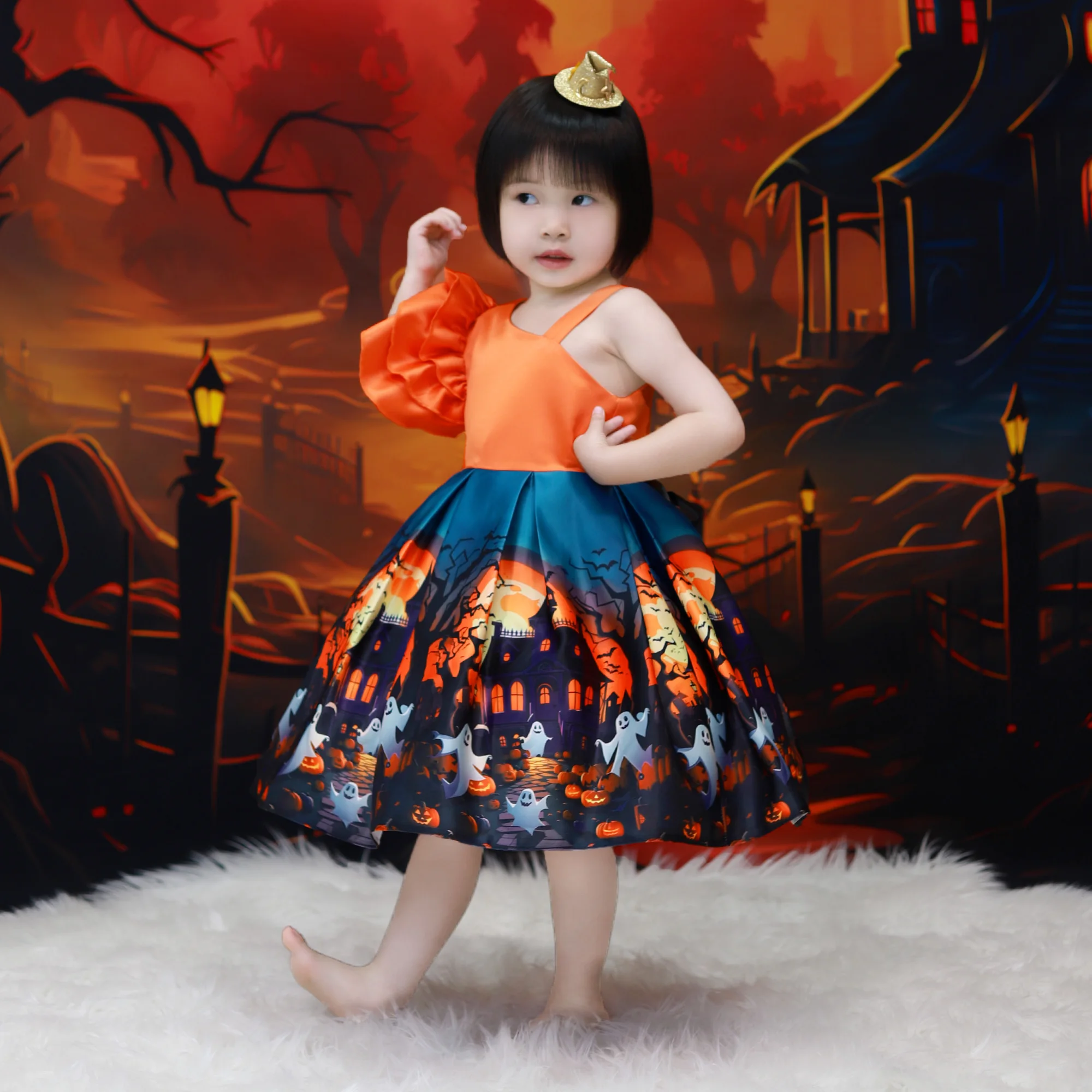 Baby Girls Orange Pumpkin Halloween Party Dress Kids Ghost Print All Saints Dresses Girl Fashion Feastival Clothes Carnival Gown