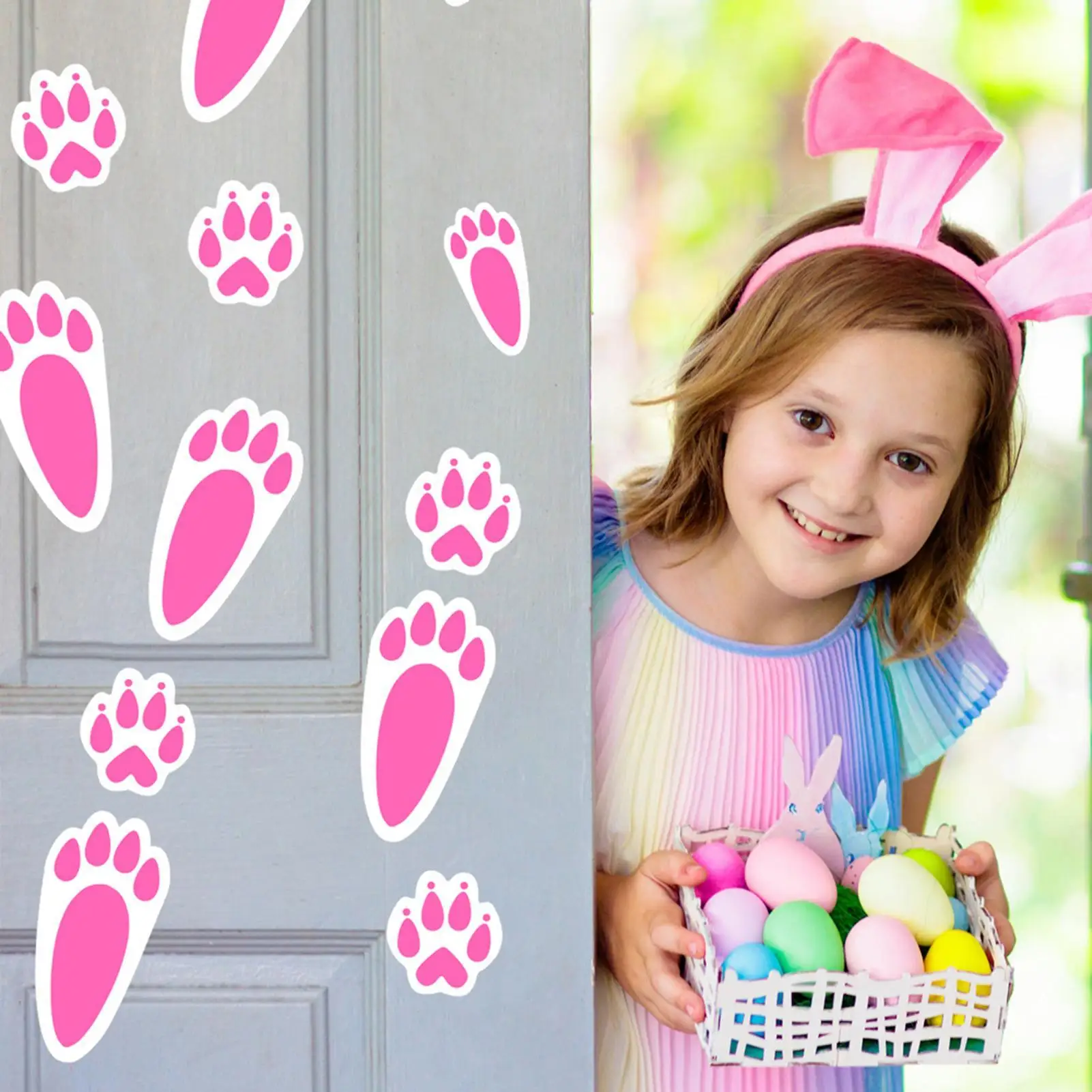 Easter Bunny Paw Prints 9 Pieces Cute DIY Self Adhesive PVC Clings Bunny Feet Print Floor Decal Clings For Glass Mirror Window