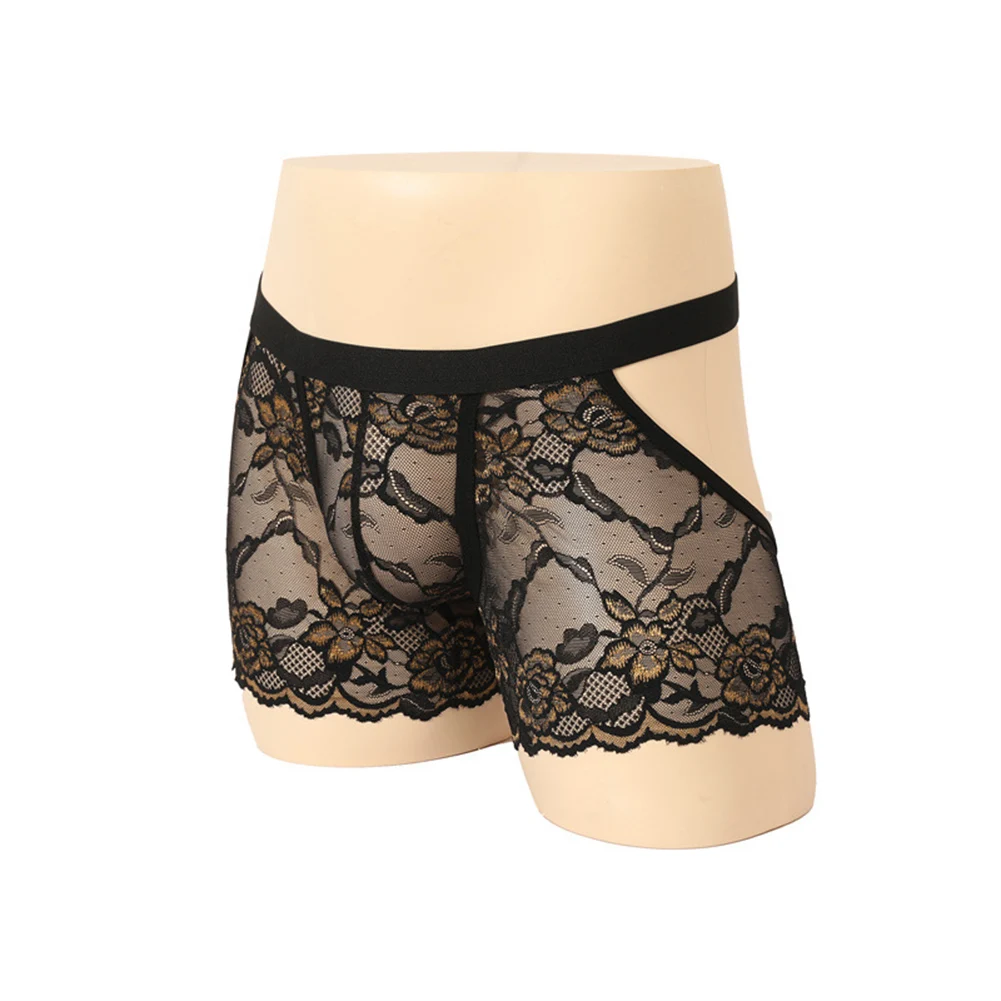 Men Lace Exquisite Jacquard Sheer Boxer Shorts Underwear Sexy Open Butt Trunks Sissy Lingeries Flat-Angle Men Tights