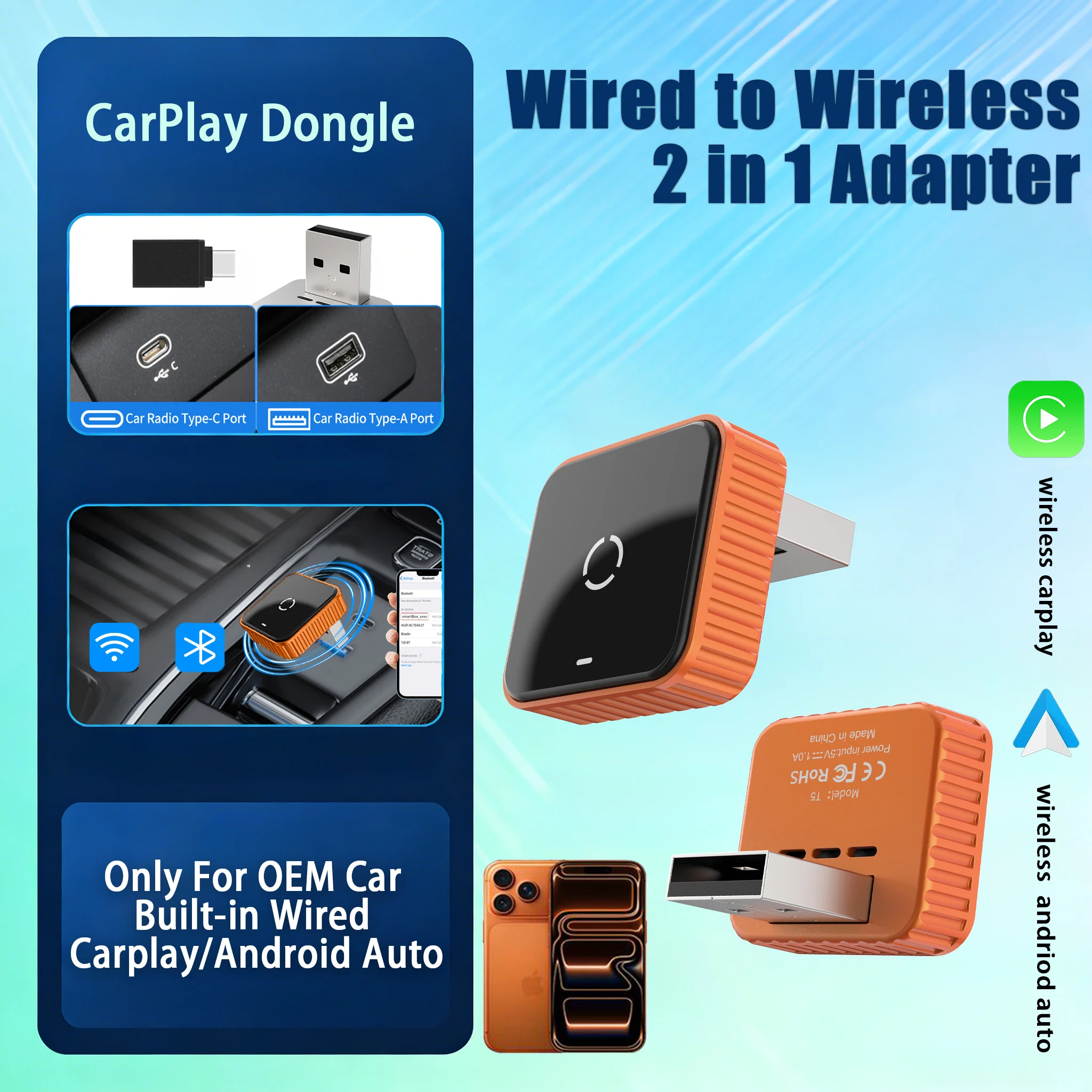 2026 Wireless CarPlay Adapter for iOS10+ iPhone, Wired to Wireless Android Auto Dongle Zero-Lag Plug&Play Auto-Reconnect