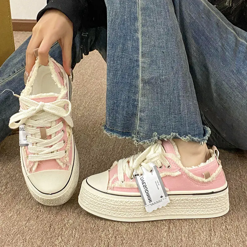 

Pink Frayed Hem Sneaker Women's Vulcanize Canvas Shoes Teenager Espradilles Girl Chunky Platform Trainers Woman Flower Plimsolls