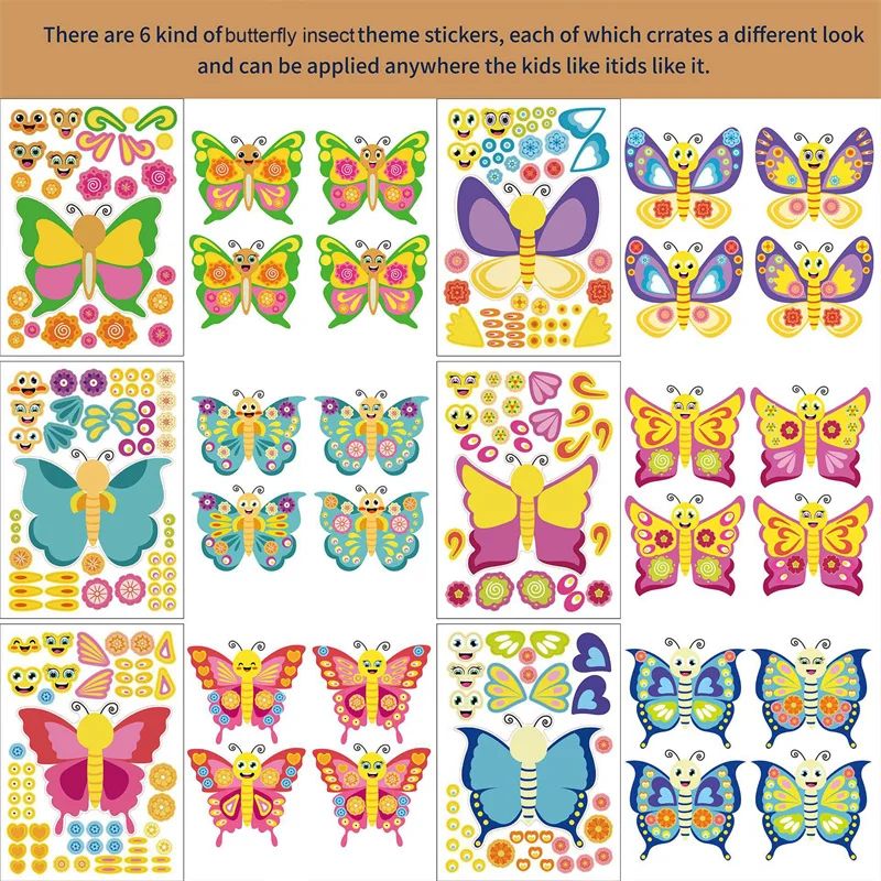 6-24sheets Make Your Own Butterfly Stickers Children Kids DIY Make A Face Jigsaw Puzzle Sticker Scrapbooking Decals Toys Gifts