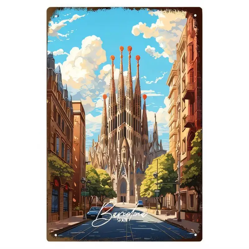 Vibrant Retro Metal Tin Sign - Sagrada Familia Art, Iron Wall Decor, Vintage Style, Perfect for Home/Cafes/Restaurants | Spain C
