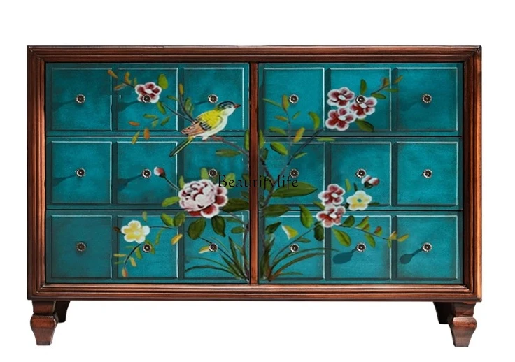 

American country solid wood six-chest cabinet living room retro painted entrance cabinet blue storage cabinet bedroom storage