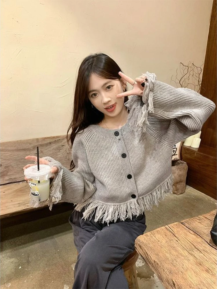 タッセル付きレディースニットセーター、格安カジュアルでエレガントなジャケット、長袖韓国風グレーカーディガンの新作