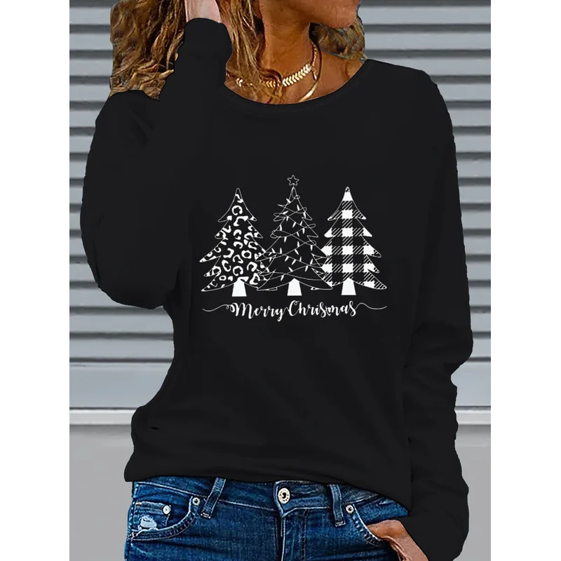 Women'S Long Sleeve T-Shirt All-Season Wear with Three Christmas Tree Patterns