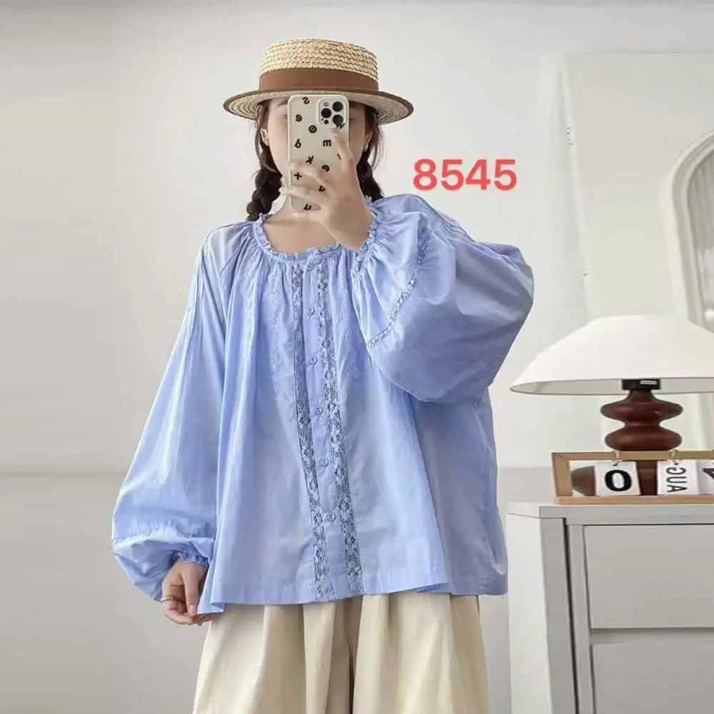 

Japanese Sweet Mori Girl Solid Color Lace Hollow Out Cotton Shirts Women Autumn O-Neck Long Lantern Sleeve Casual Blouse Tops