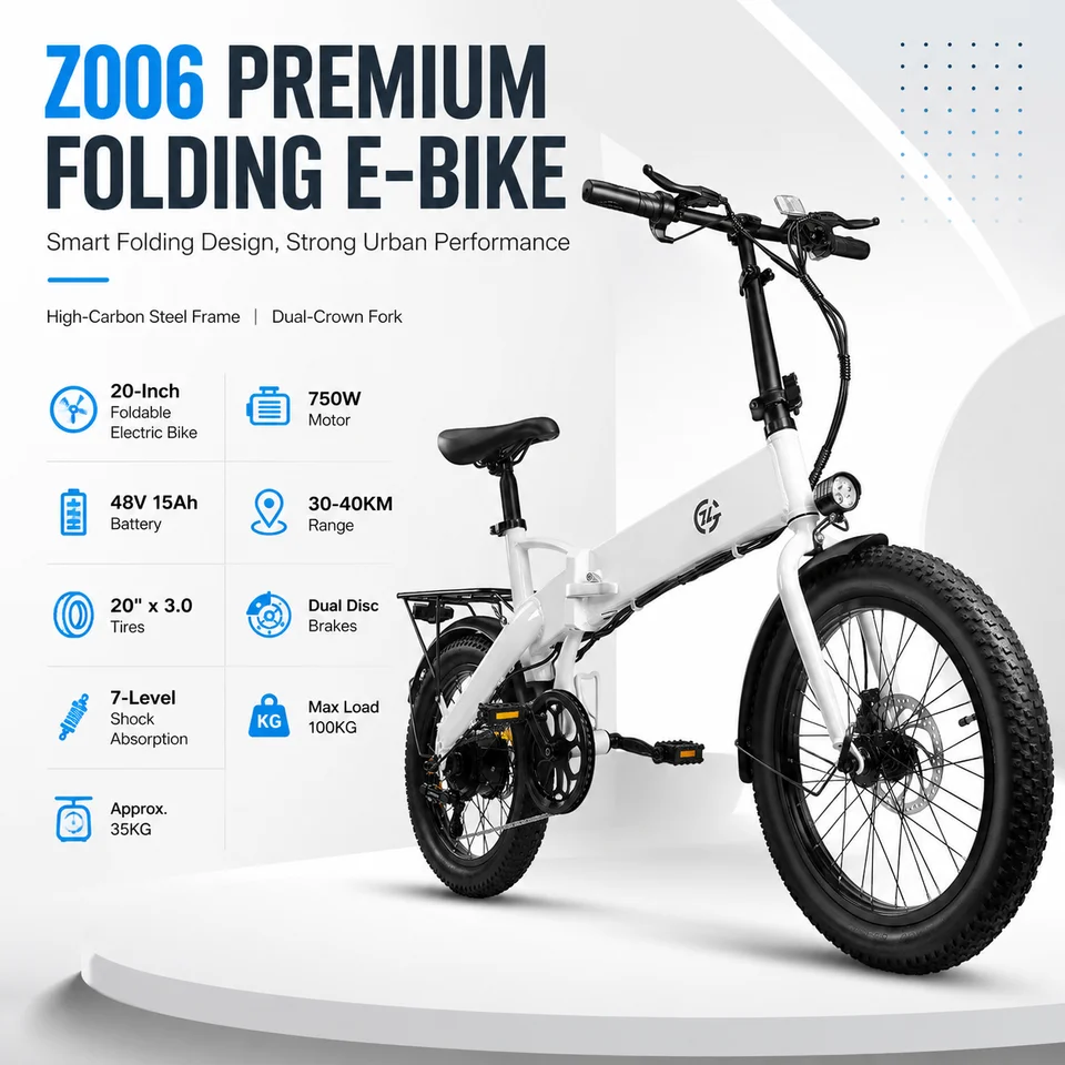 Powerful 750W Foldable Electric Bike 20 Inch Urban E-Bicycle 48V 15Ah Battery E-Bike Dual Disc Brakes 7-Level Shock Absorption image 3
