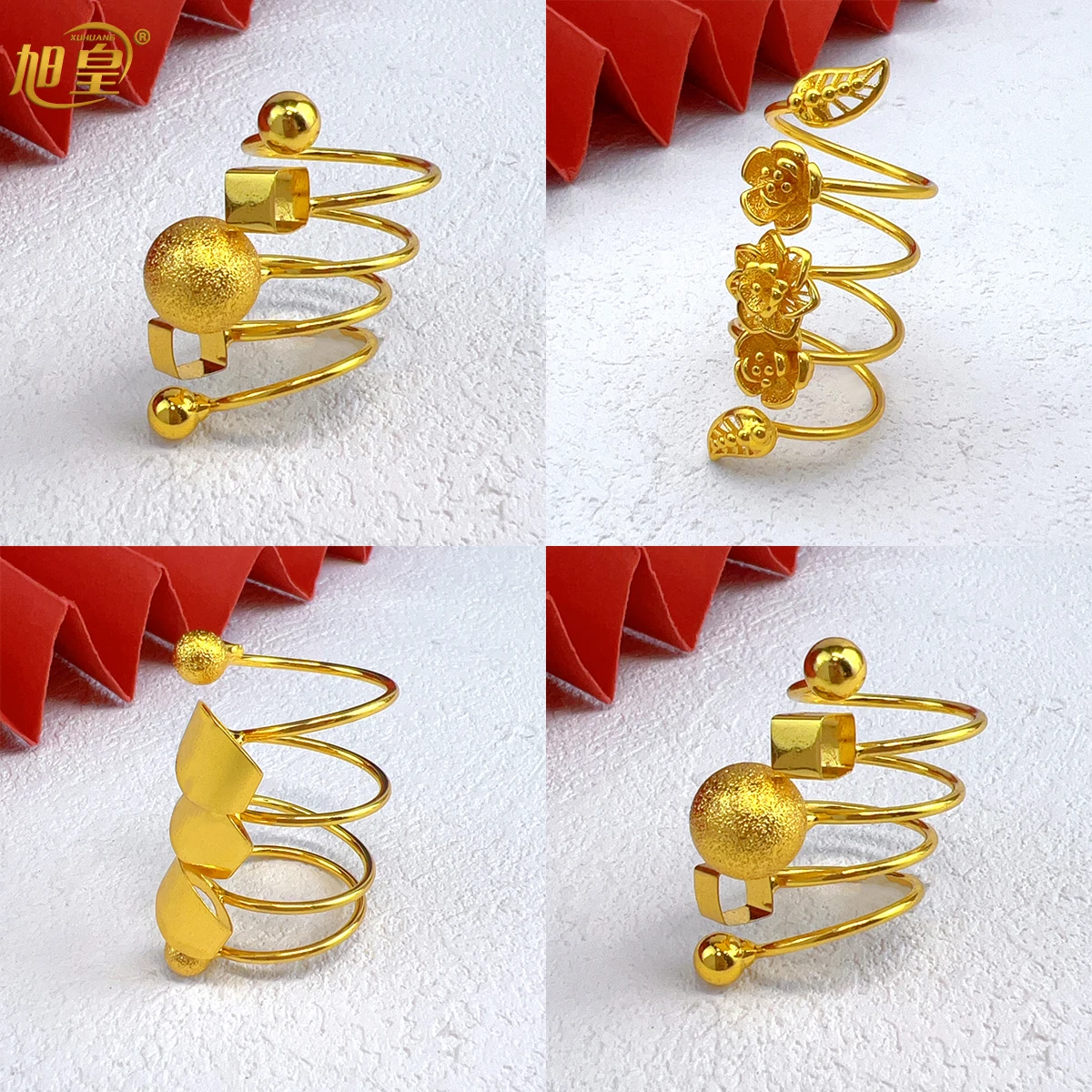 Brazilian Spiral Ring Women 24K Gold Plated Wedding Bride Arabic Ethiopian Dubai Big Nigerian Jewellery Moroccan Resizable