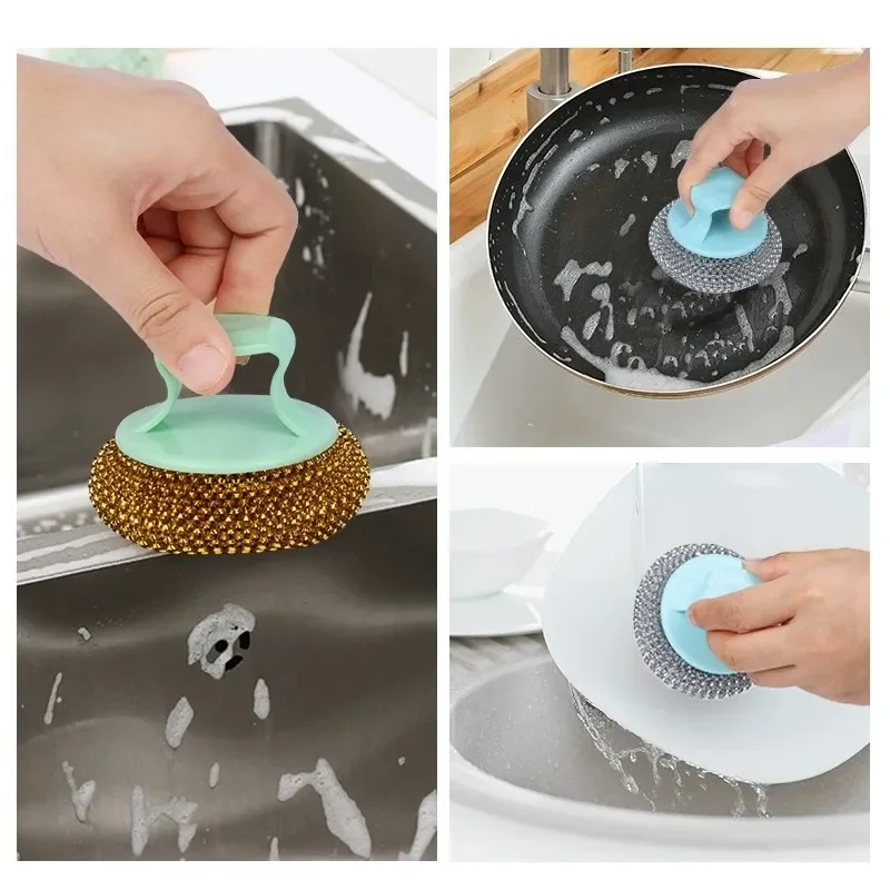 1/3/5 Pcs Non Damaging Pot Cleaning Ball Steel Wire Ball Short Handle Dishwashing Brush Pot Artifact Cleaning Brush