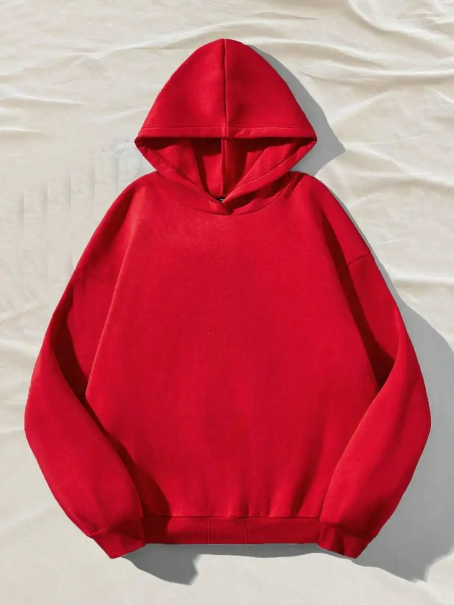 

Women's Oversized Solid Red Hoodie, Long Sleeve Pullover Sweatshirt, No Drawstring, Casual Streetwear