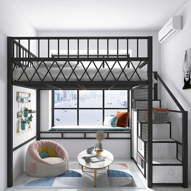 Nordic, multi-functional, space-saving, raised bed, duplex, single upper floor, small apartment, wrought iron, high and low beds
