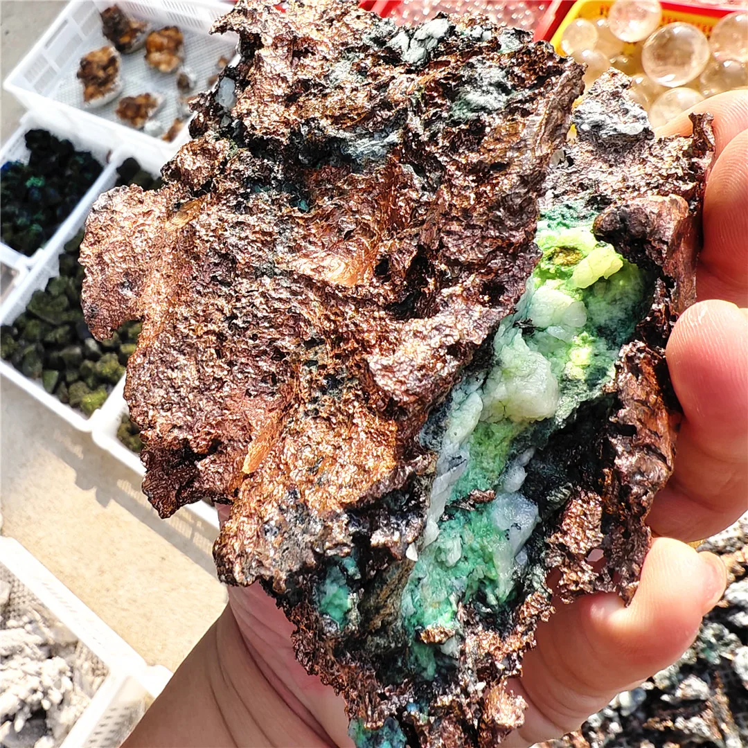 100% Rare Natural Rose Golden Native Copper And Malachite Paragenic Ore Specimens Rough Raw Pyrite Stones Collectible Rock 2025