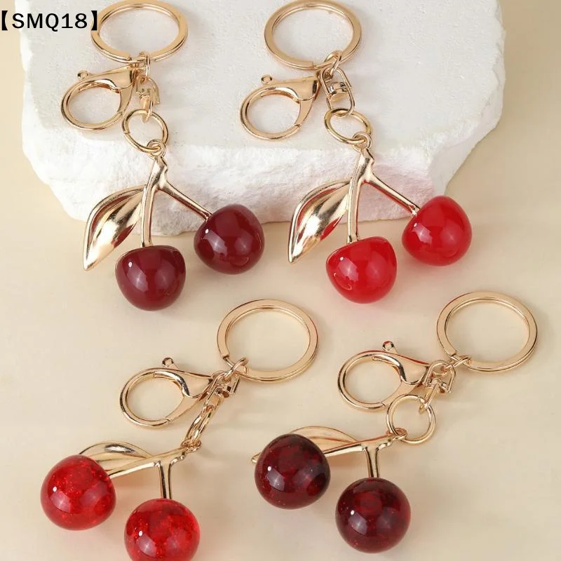 Glitter Resin Cherry Keychain Golden Hardware Lightweight Fruit Bag Charm Pendant for Outdoor Hanging Use