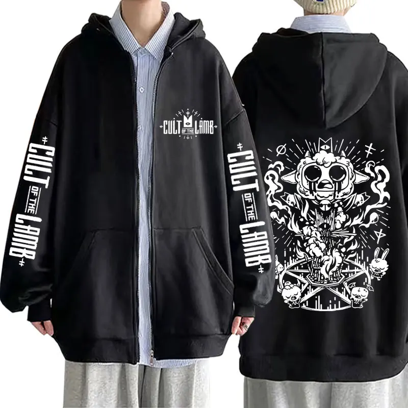 

Game Cult of The Lamb Print Zipper Hoodie Men Women Fashion Casual Oversized Streetwear Unisex Vintage Fleece Zip Up Jacket Coat