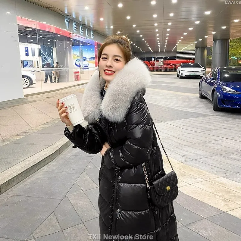 Women Jacket Winter 2023 Down Coats Long Puffer Jacket Big Fur Down Padding Fashion Slim Warm Black Outerwear Female Clothing