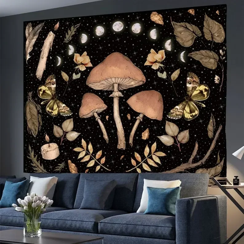 Mushroom Tapestry Moon Phase And Stars Butterfly Tapestries Wall Hanging For Living Room Bedroom