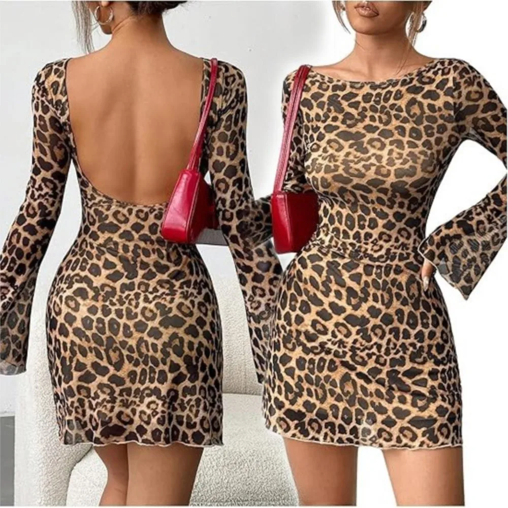 

Summer Sexy Leopard Print Dress Fashionable Backless Flared Sleeve Mini Skirt Women Casual Beach Vacation Party Sexy Dress 2025