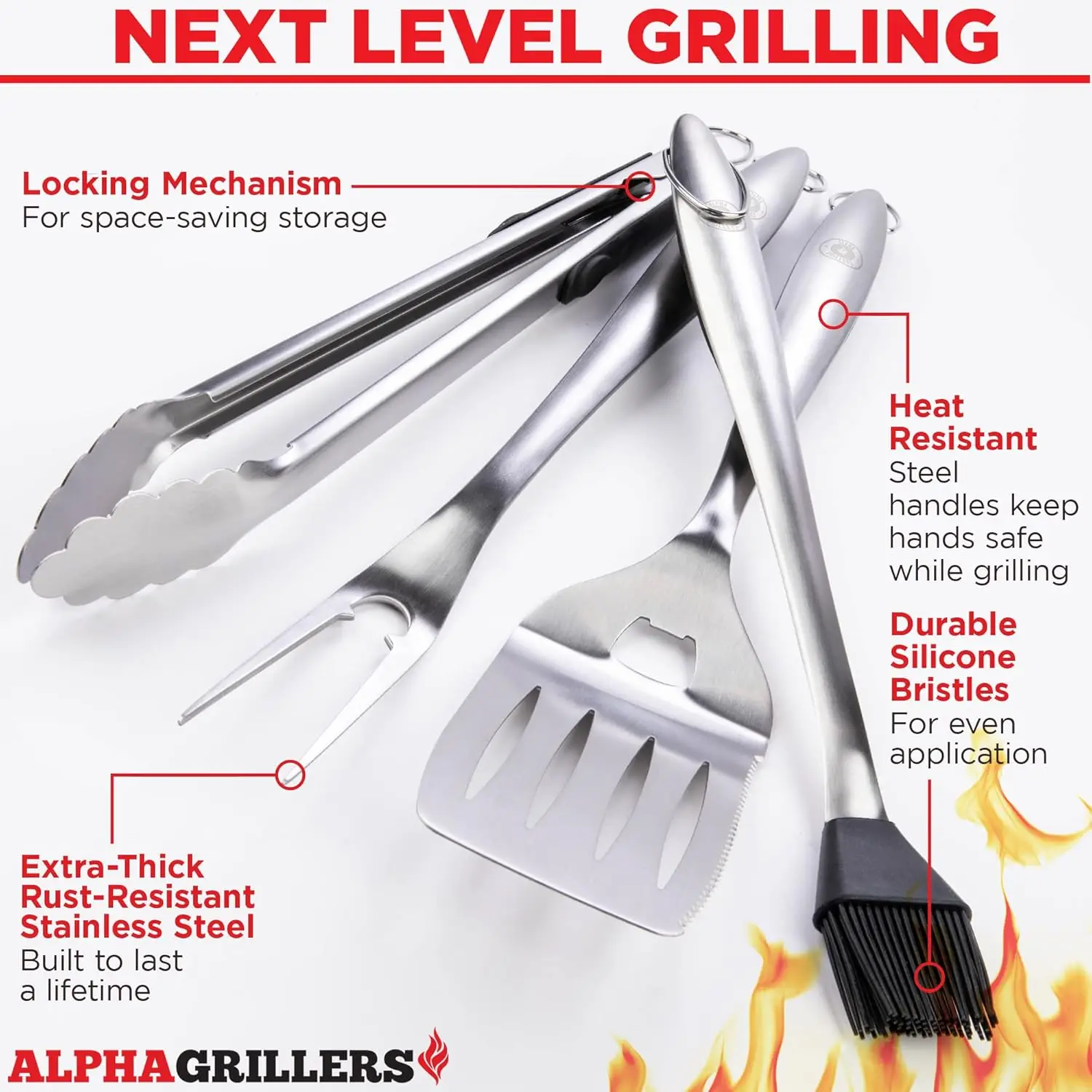 Alpha Grillers Grill Set Heavy Duty BBQ Accessories-BBQ Gifts Tool Set 4pc Grill Accessories with Spatula,Fork Brush & BBQ Tongs