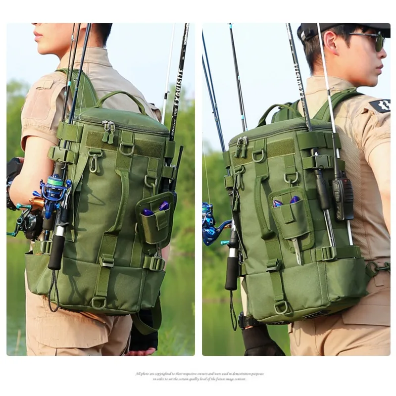 Tactical Fishing Backpack Tackle Bag with Rod Holders Fish Equipment Storage Molle Camping Hiking Outdoor Multifunctional Bag