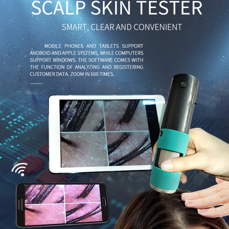 Analizador de cabello del cuero cabelludo profesional de 3,0 MP Detección de folículos capilares HD Conexión inalámbrica al teléfono móvil Analizar datos Cara, cabeza