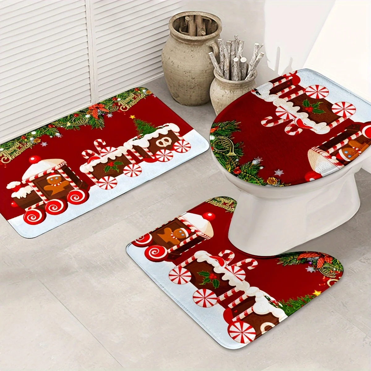 3pcs Christmas Gingerbread Man Bath Mat Set with Toilet Lid Cover + U-Shaped Floor Mat, Non-Slip Washable Knit Polyester Decor