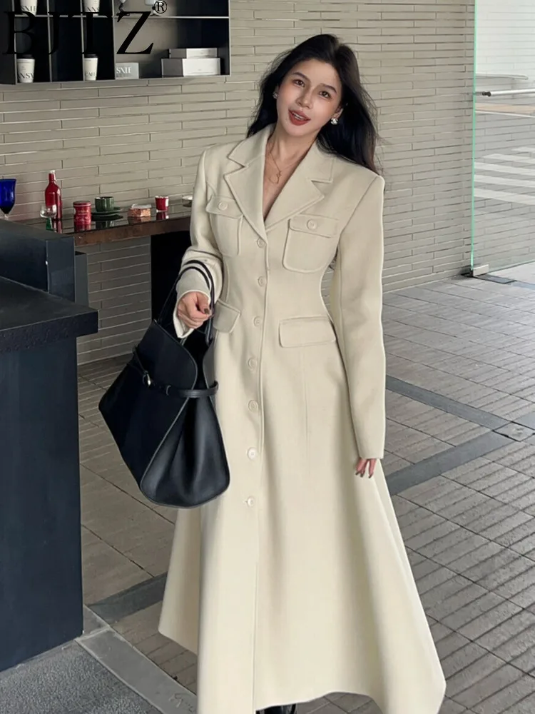 BJTZ Solid Color Cotton Single Breasted Pocket Waist Tweed Coat Coat For Women 2024 Design New Fashion Temperament