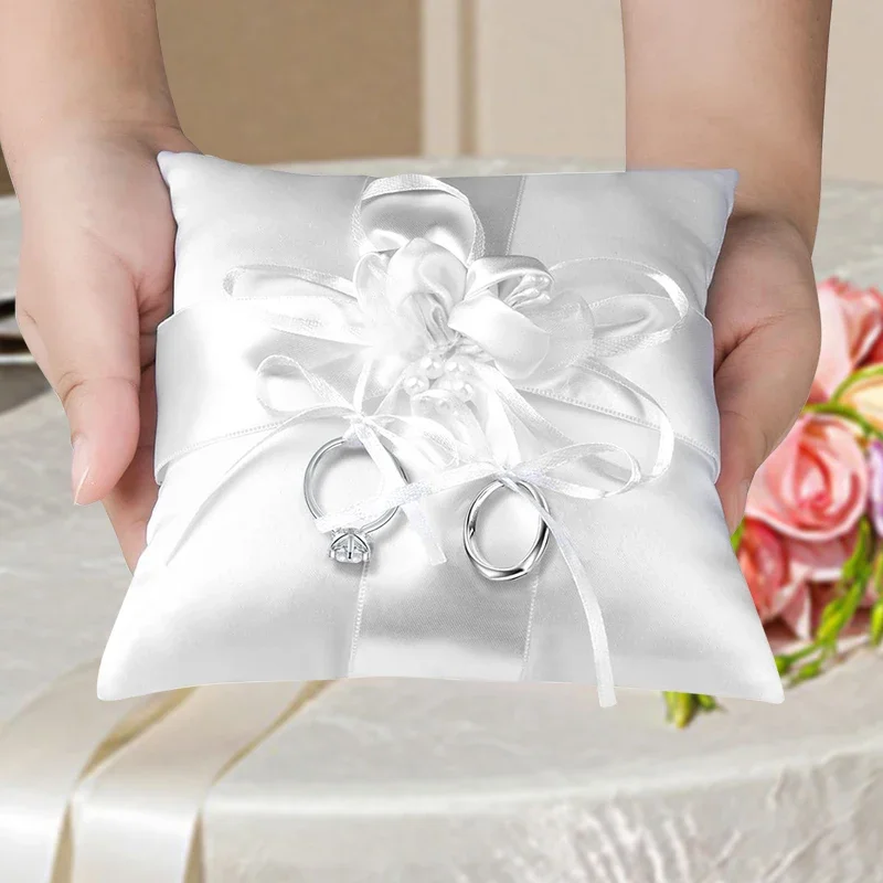 1PC White Bud Wedding Bridal Ring Pillow Wedding Supplies Square Bow Ring Pillow image 3