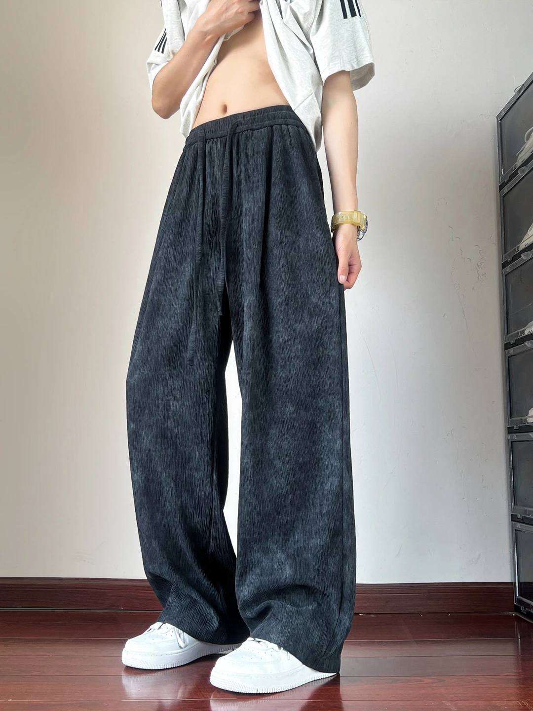 

Summer Trendy Hong Kong Sle Thin Large Size Dyed Treebark Pattern Breathable Casual Pants Loose Wide Leg Straight Leg Trousers