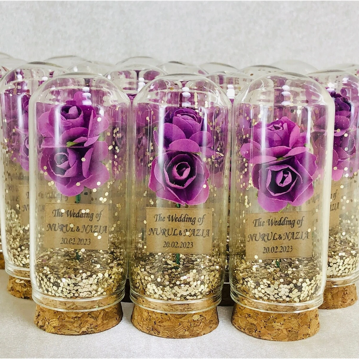 

Handmade rose glitter gift and decoration for event, Elegant custom label wtih crystal clear glass. Wedding Mothers day Theme pa