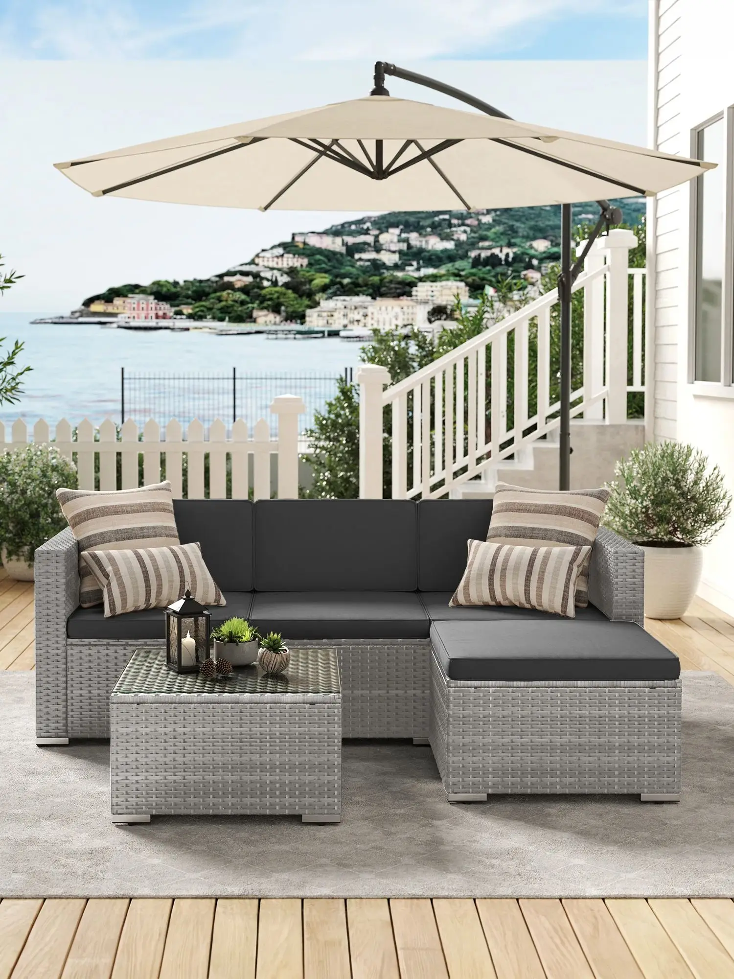 SONGMICS Tuinmeubelset Terrasmeubilair Hoekbank Buiten Handgevlochten rotan loungeset met kussen Glazen tafel