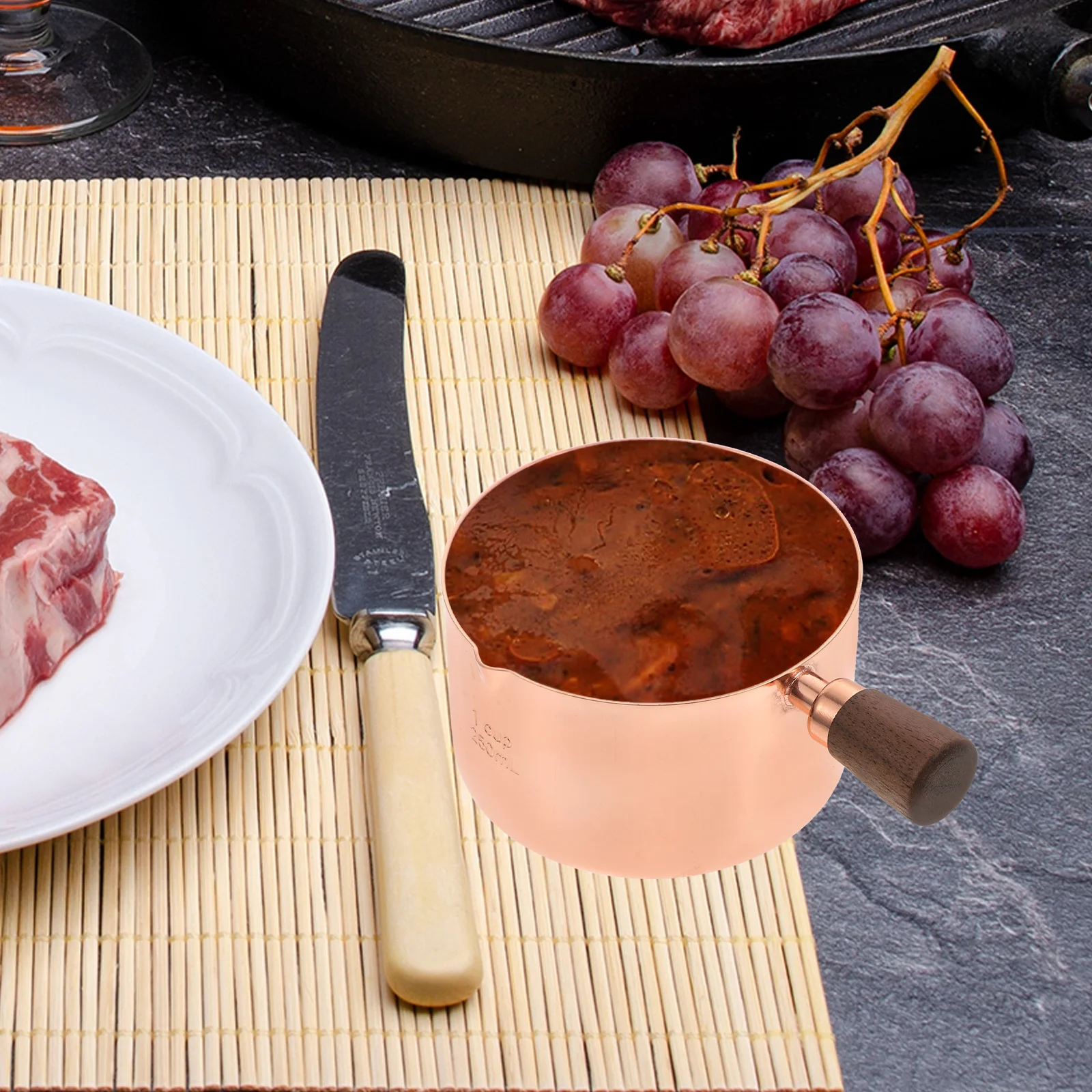

1Pcs Wooden Handle Sauce Bowl High Temperature Resistant Stainless Steel Seasoning Cup for Steak Dipping Kitchen Bar