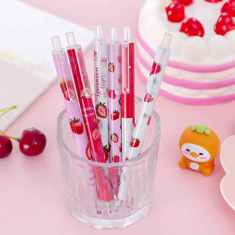 6Pcs Sweet Strawberry Retractable Gel Pens 0.5mm Black Ink Writing Pen Kawaii School Supplies Office Accessories