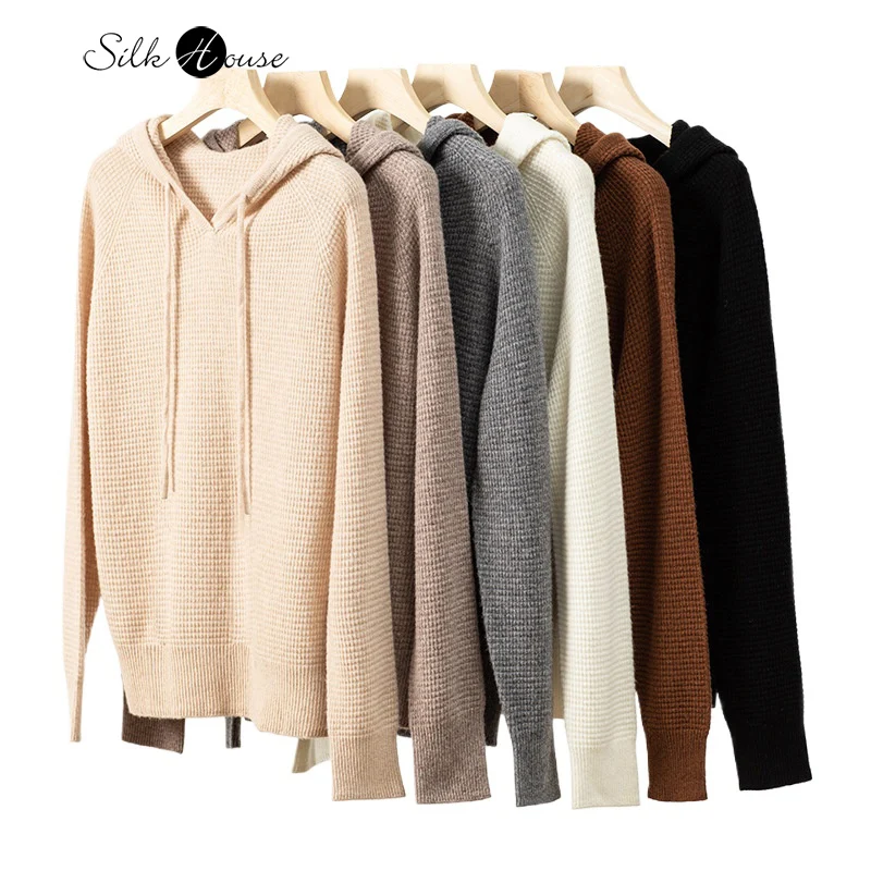

Waffle Drawstring Hooded 100 Pure Wool Seamless One-piece Loose Long Sleeved Outerwear for Women's Autumn Knitted Sweater