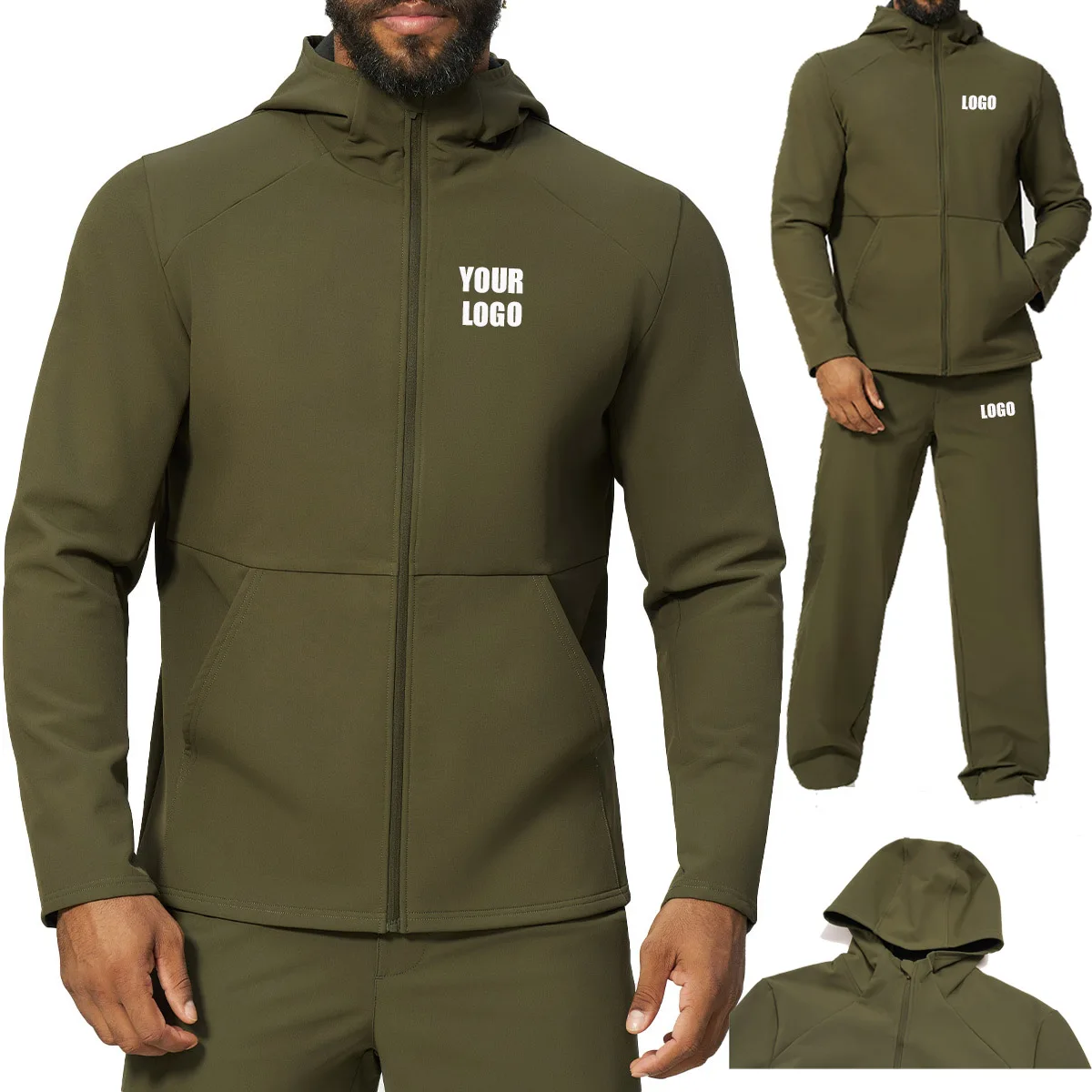 Personalized LOGO Customized Men's Fleece Jacket Anti-splashing Hooded Sports Jacket Outdoor Running Fitness Pants Set
