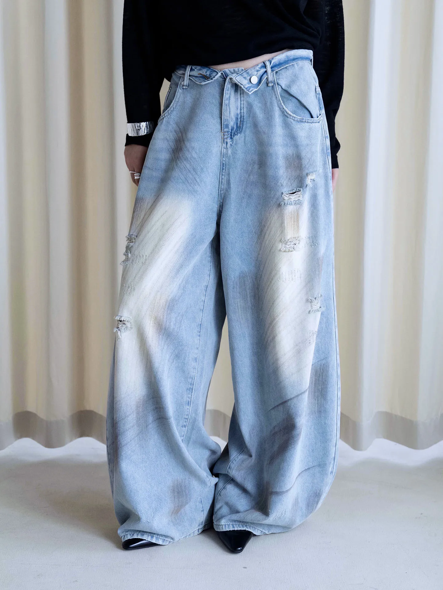 

Summer New American Retro Earthly Style Waist Head Cudged, Made Old, Broken Hole Jeans, Wide Legs, Pants for Women